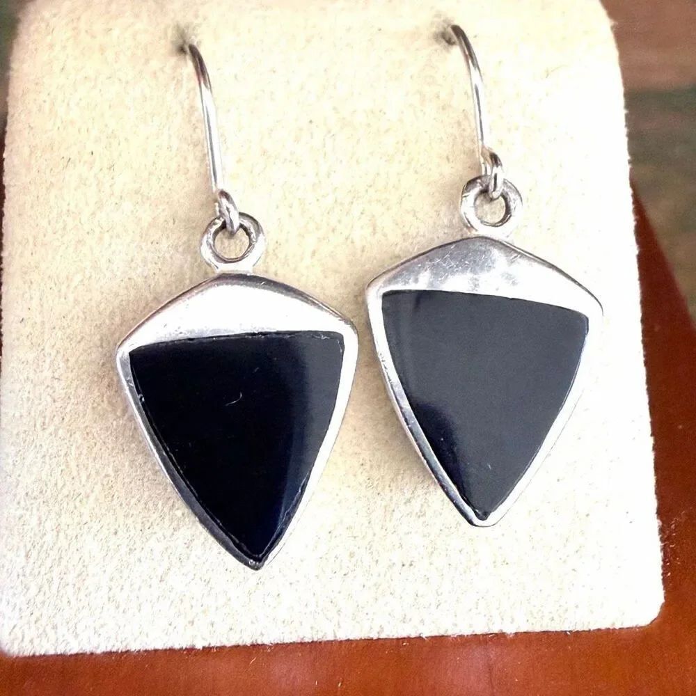 Jezlaine Sterling Silver Black Onyx Triangle Drop Earrings